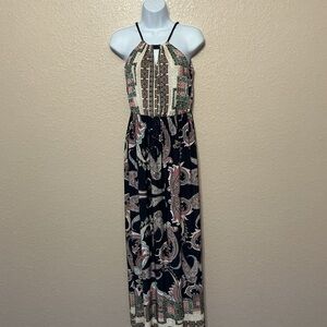 Gilli Boho Paisley Maxi Dress in Dark Navy, Pink and Cream